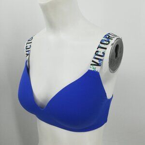 Victorias Secret T-Shirt Lightly Lined Wireless Blue Logo Floral Bra Size 34D